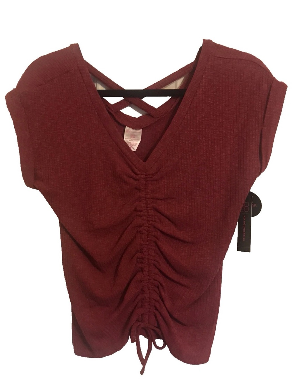 No Boundaries Burgundy Red Ruched V-Neck JRS S 3/5 Ruched Front New Tags